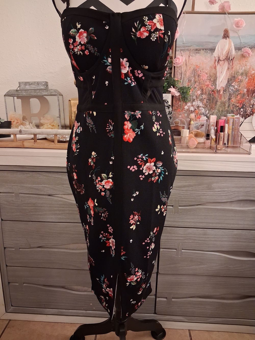 Material Girl Black Floral Midi Dress with Red and Pink Blooms